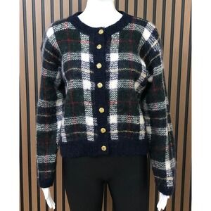 Christopher & Banks Women's Plaid Button Front Cardigan Sweater L Navy Red